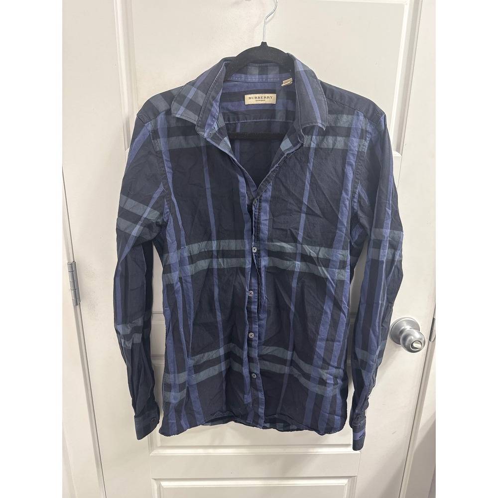 Burberry London Mens Navy Blue Oversized Check Tailored Button Down Shirt L 15.5